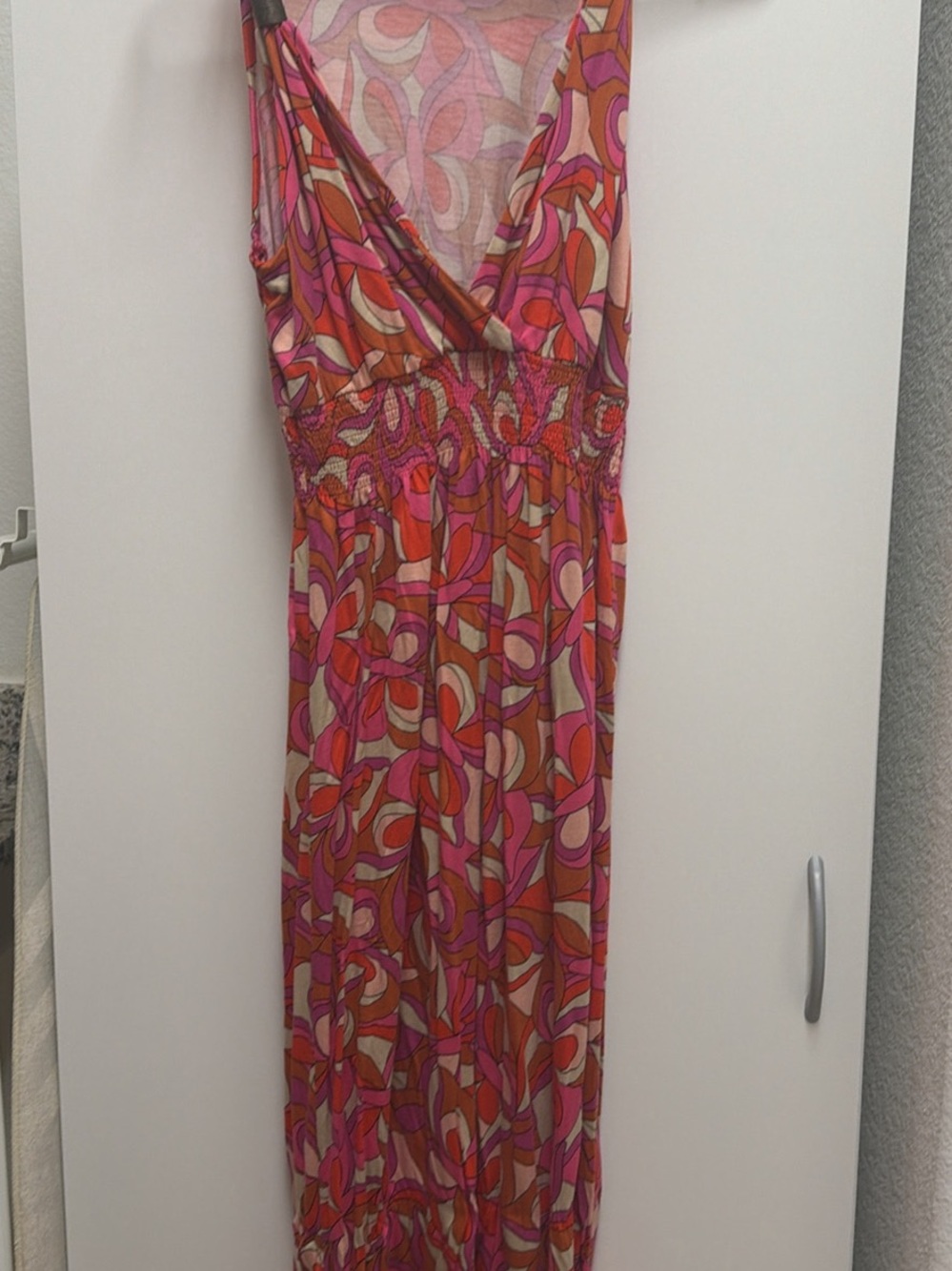 Sleeveless Pink & Orange Printed Maxi Dress with Smocked Waist